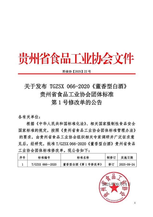 黔食协【2025】22号关于发布《董香型白酒》团标修改单的公告_1.jpg